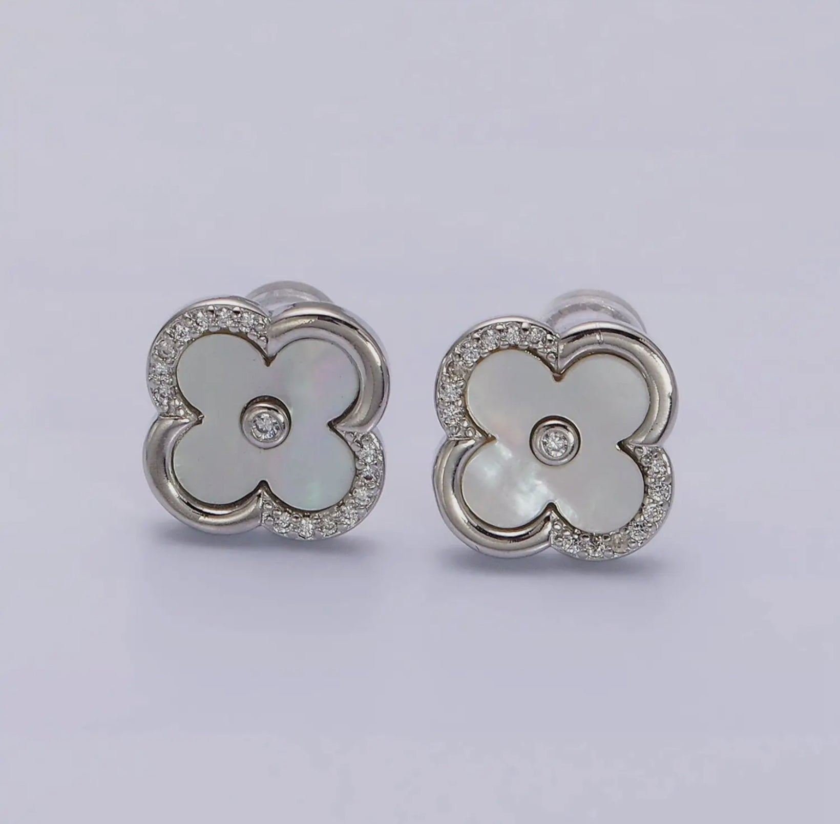 16K Gold Clover Micro Paved Stud Earrings in Gold & Silver