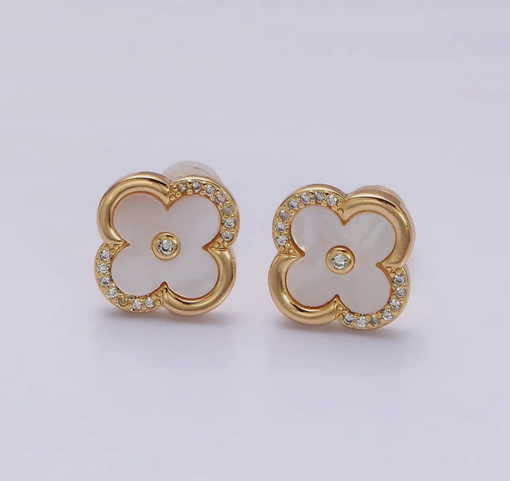 16K Gold Clover Micro Paved Stud Earrings in Gold & Silver